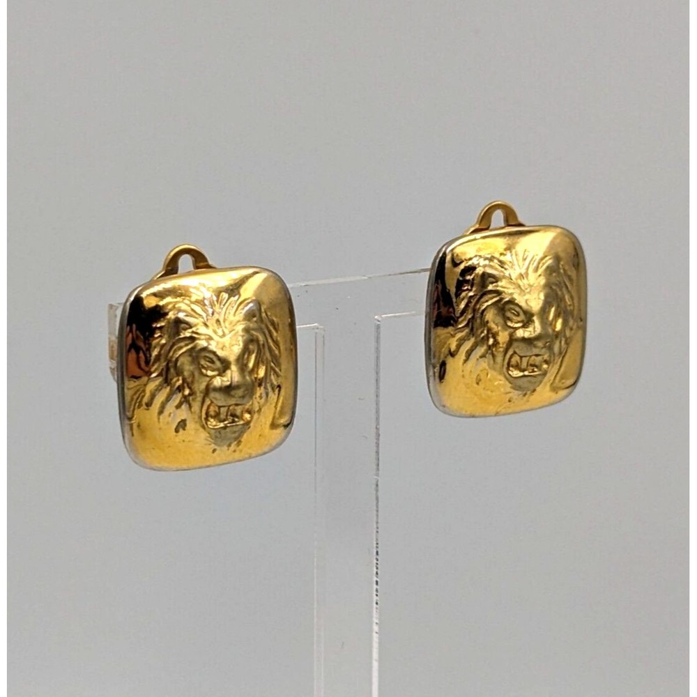 Lion Head Clip On Earrings Gold Tone Unmarked Vintage Animal Motif